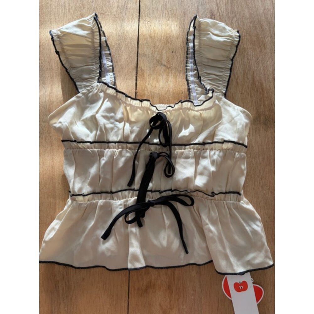 CIDER Women’s Babydoll Tie Camisole Halter Wide Shldr Y2K Black Detail NWT Small